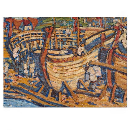 a painting of boats in a harbor