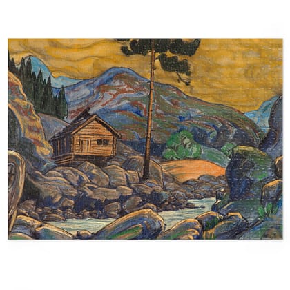 a painting of a cabin on rocks by a river