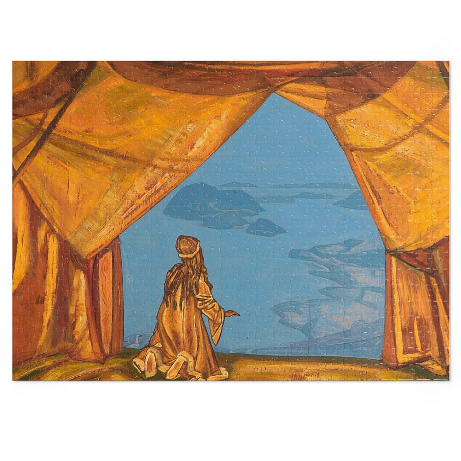 a puzzle of a woman kneeling in a tent