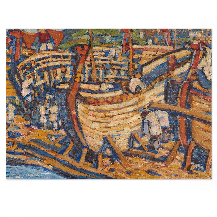 a painting of boats in a harbor